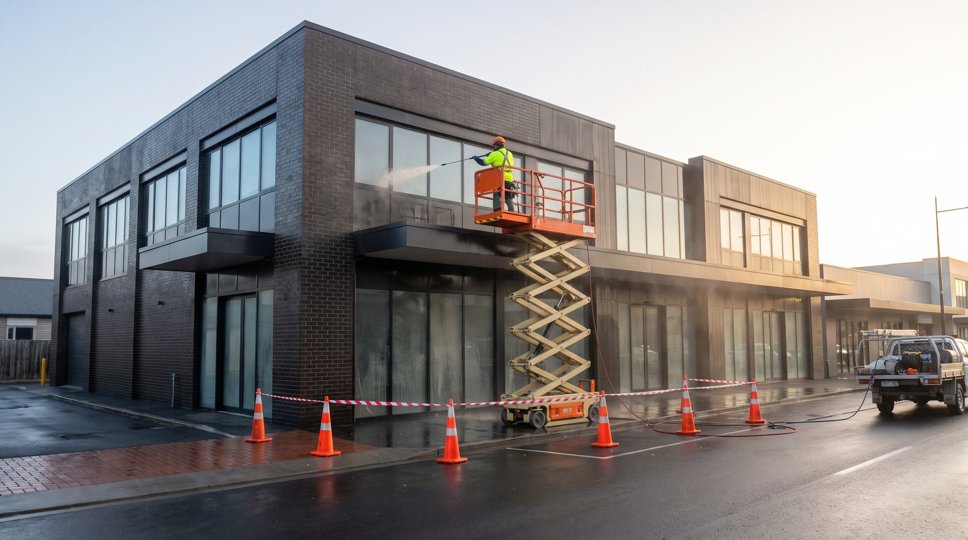 Commercial building being washed from a scissor lift