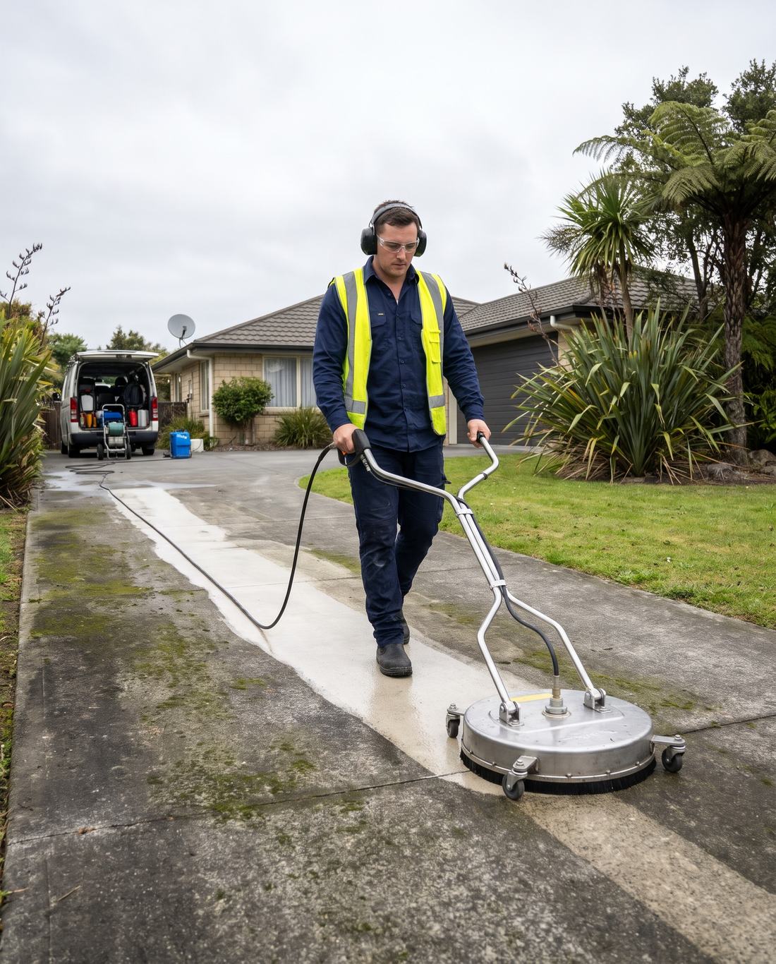Driveway being cleaned with a surface cleaner