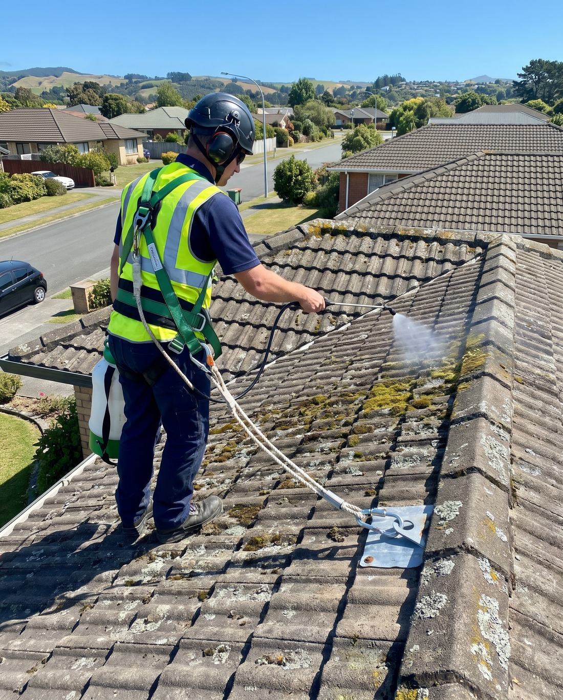 Roof treatment being sprayed on a tiled roof by a harnessed worker