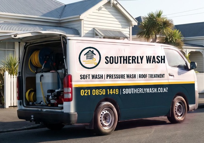 Southerly Wash van with phone number 021 0850 1449 and southerlywash.co.nz on the side